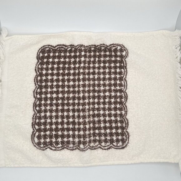 Vintage 70s MCM Flower Brown White Hand Towels Boho Groovy Fringe Set Of 3 - Picture 3 of 6